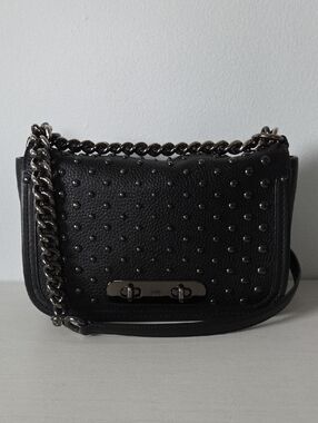 Coach Swagger Black Studded Leather Shoulder Bag with Gunmetal Chain